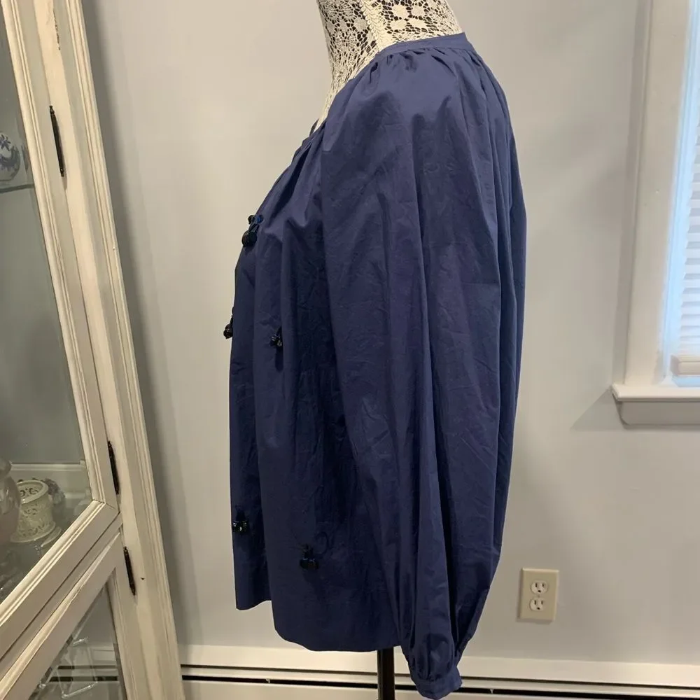 J. Crew Blue Blouse with Elegant Beading 3/4 Sleeves